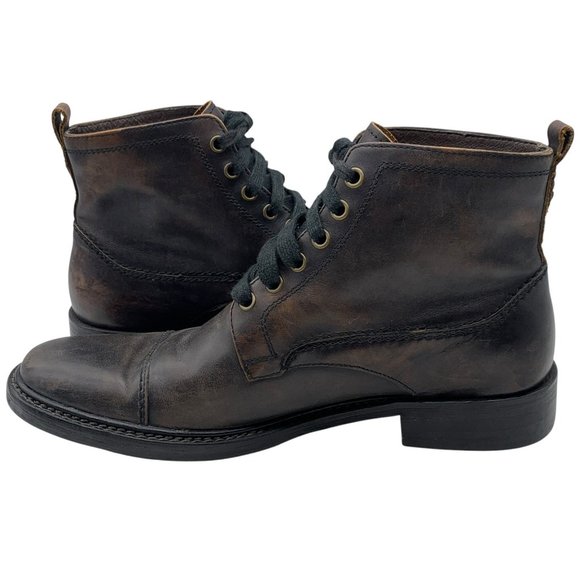 John Varvatos Brown Leather Lace Up Moto Cap Toe Ankle Boots Men’s Sz 8.5 - Picture 6 of 14